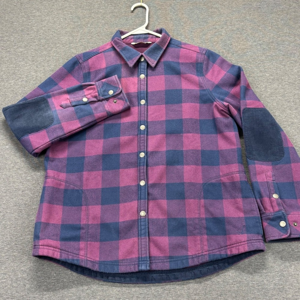 Orvis Shirt Jacket Womens L Purple Navy Plaid Snap Corduroy Elbow Patch Fleece